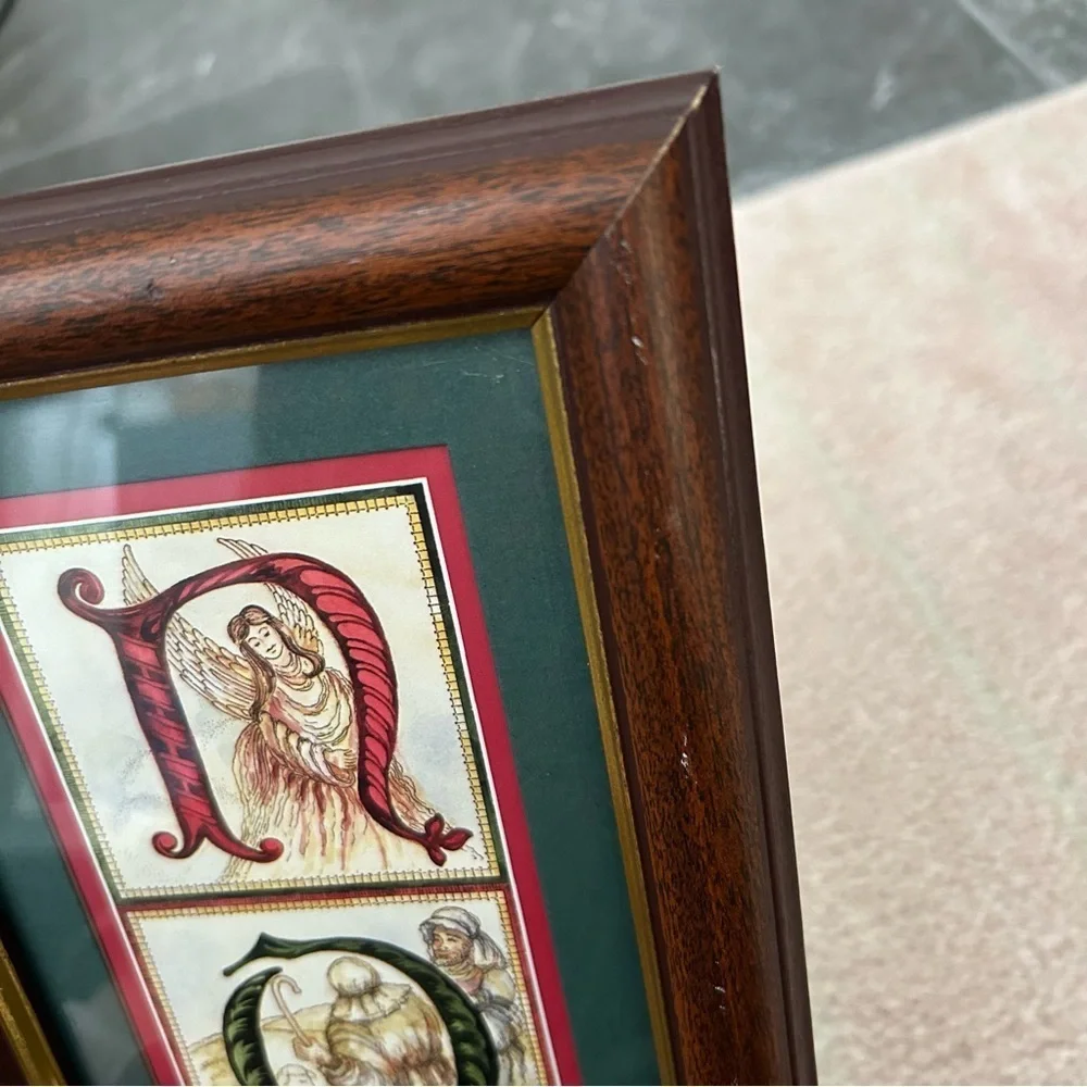 NOEL Art Print Christmas Decor Nativity‎ & Angel in BROWN & GOLD FRAME
